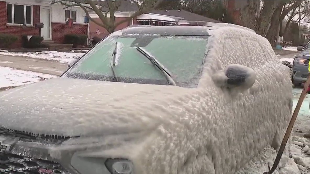 Dearborn Heights water main break leaves vehicles trapped in coating of ice